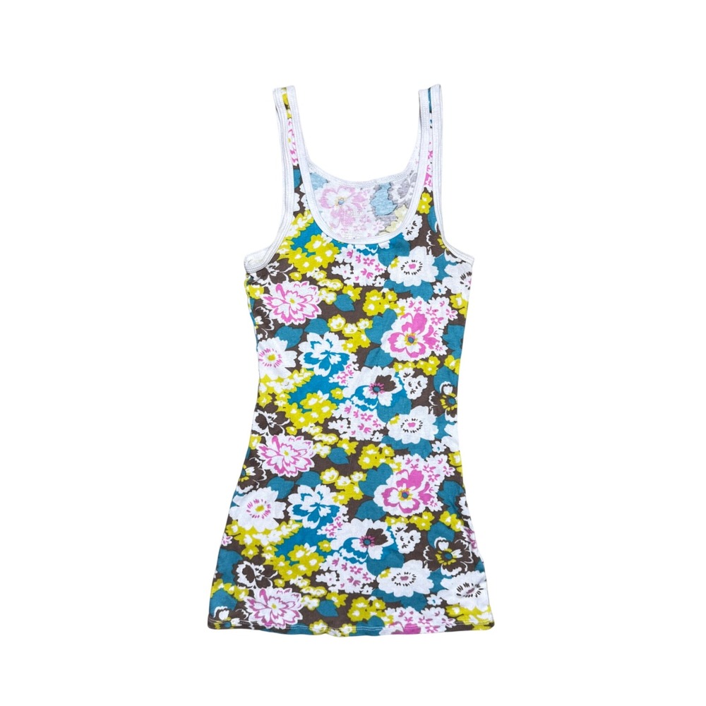 Mossimo Supply Co Floral Ribbed Tank Top XS Pink Teal Yellow Y2K Sleeveless